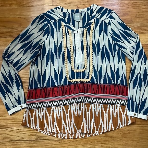 Anthropologie Maeve Women’s Blue Multi Patterned Sheer Notch Neck Blouse A1 - Picture 2 of 5